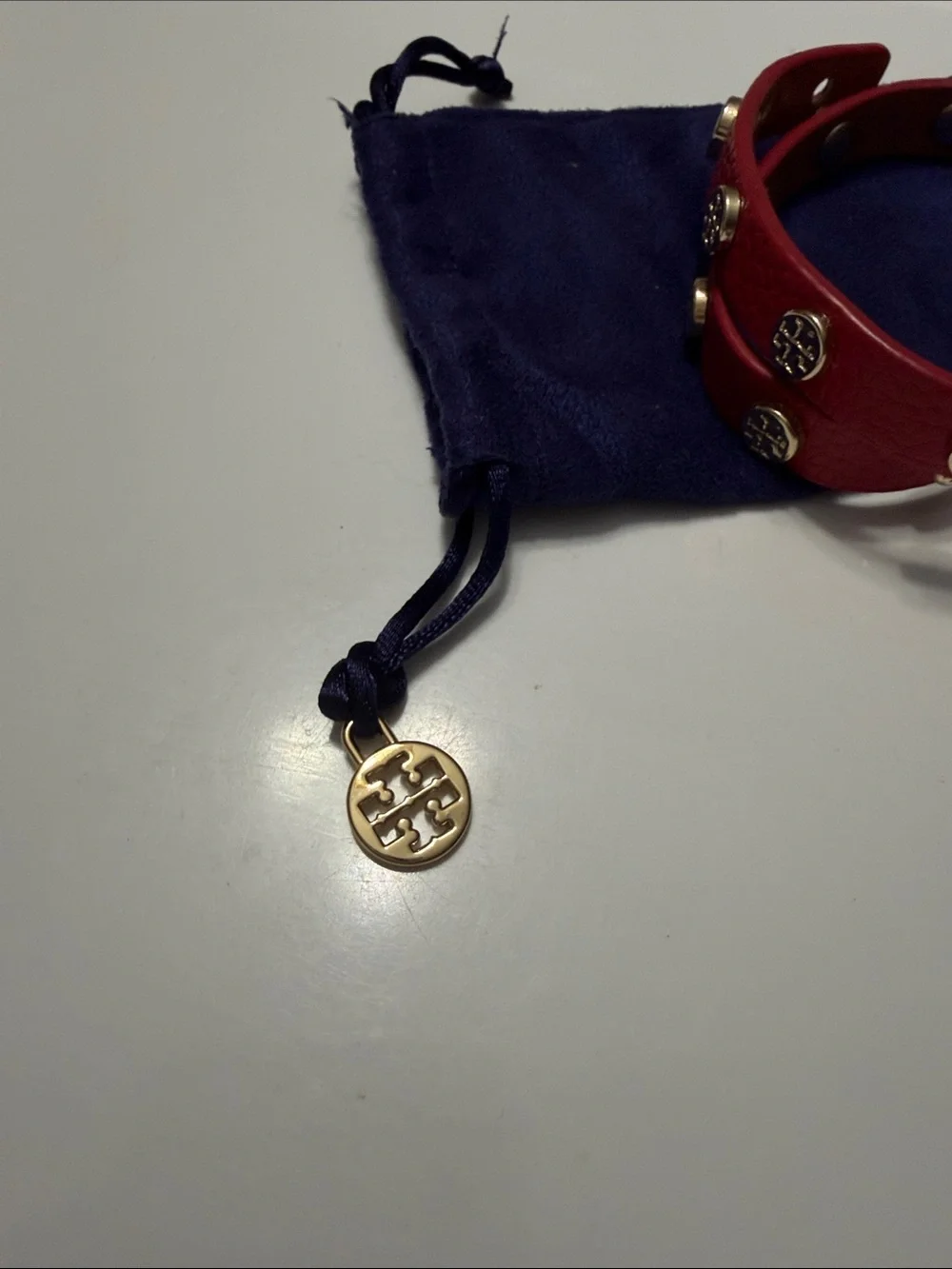 Tory Burch Red Leather Double-Wrap Bracelet with Gold Logo Studs